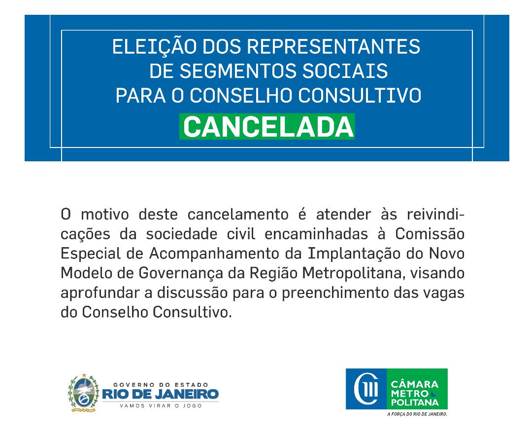 Câmara Metropolitana atendeu pedido inicial de cancelamento da eleição dos representantes de segmentos sociais para o Conselho Consultivo, prevista para segunda (8/04)